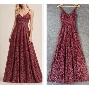 Y2K Burgundy Glitter Mesh Overlay Maxi Prom Dress Dark Feminine Glam Formal 0